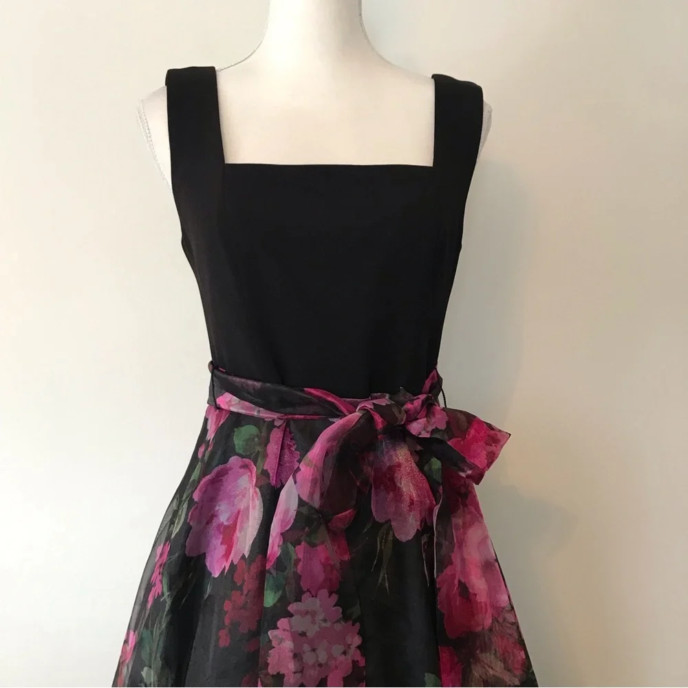 Eliza J Floral Black Pink Sleeveless Square Neck Tulle Maxi Dress 8 - Picture 2 of 16